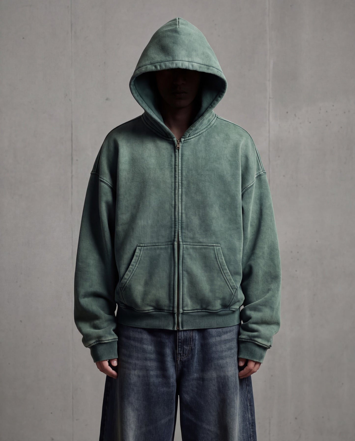 Green hoodie worn by a person against a gray background